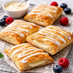 Può includere: Quattro pasticcini dorati con glassa bianca a filo, ripieni di formaggio cremoso. Lamponi e mirtilli freschi sono sparsi intorno ai pasticcini. Una piccola ciotola di crema pasticcera è sullo sfondo.