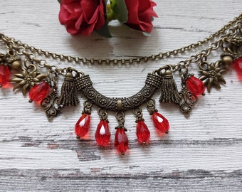 Charivari dirndl necklace bronze color / traditional wedding Oktoberfest edelweiss cut glass beads red heart