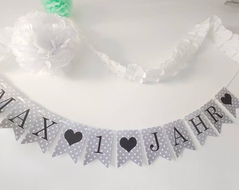 Girlande lichtgrau/Pünktchen/ Hochzeit personalisiert Geburtstag Baby Name Taufe Kinderzimmer Geschenk Wimpelkette Schulkind Kommunion