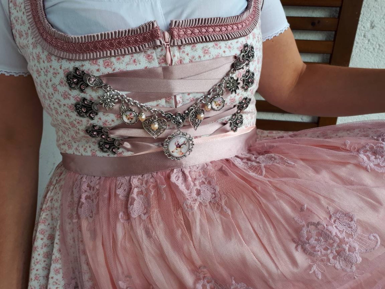 Charivari for the Dirndl - Traditional Costume Jewelry with Rose Quartz Pearls Edelweiss