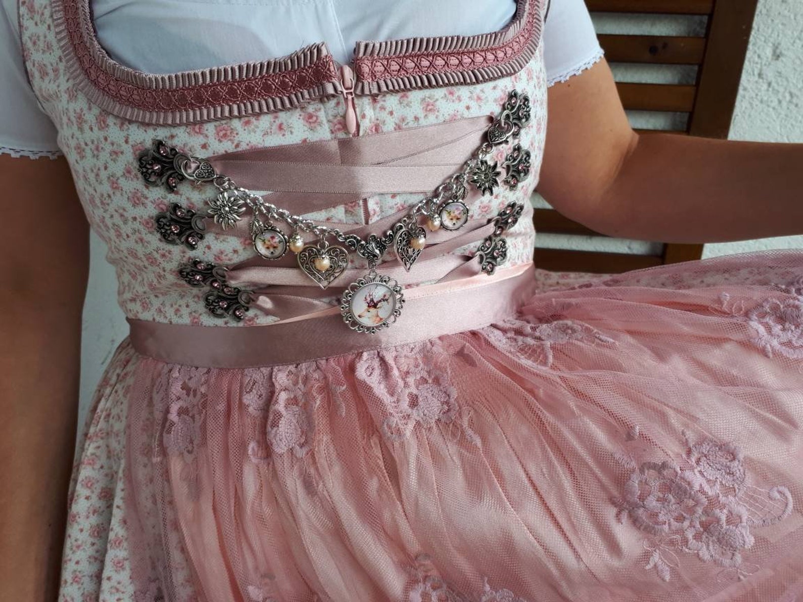 Charivari for the Dirndl - Traditional Costume Jewelry with Rose Quartz Pearls Edelweiss
