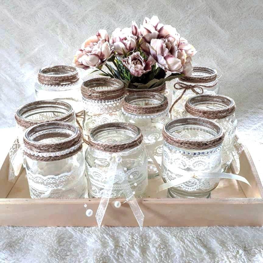 Vintage Deco Set Vases Tea Light Glasses Jute/Lace/Beads/Upcycled Fav…