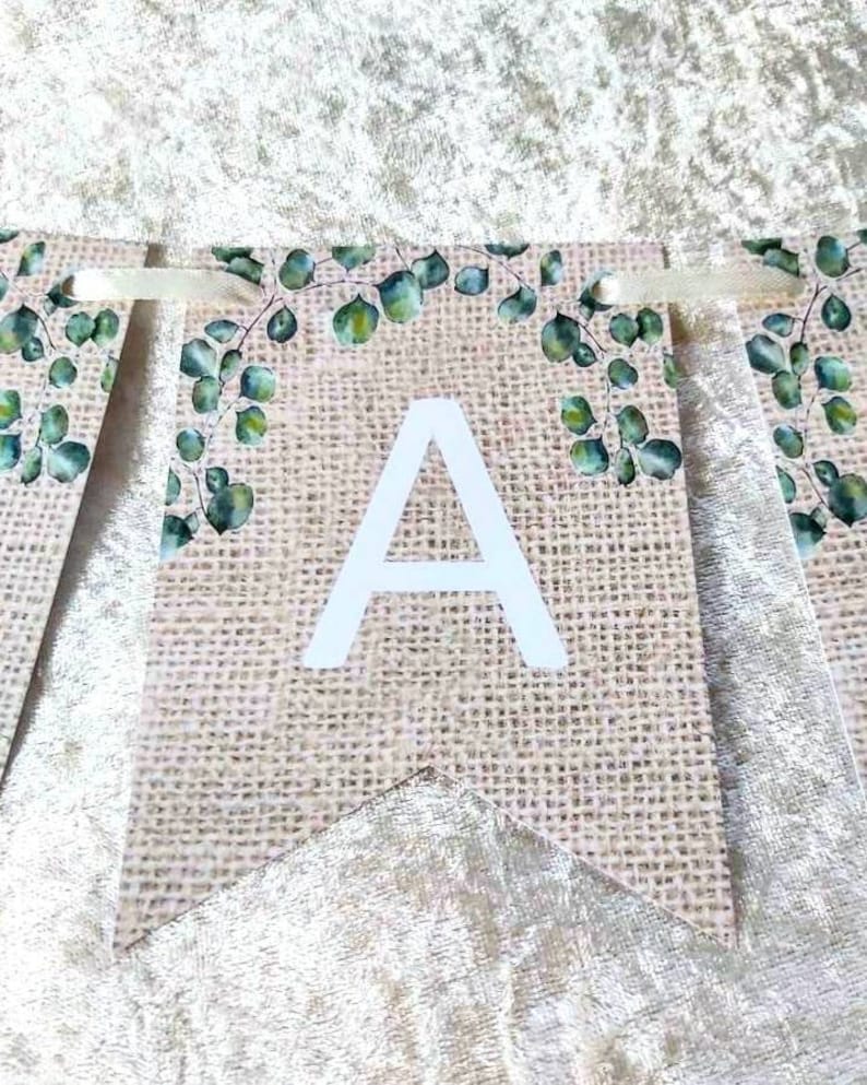 Eukalyptus Girlande im Jute Design Wimpelkette Hochzeit personalisiert Geburtstag Name Taufe Kinderzimmer Wimpelgirlande Baby Bild 5