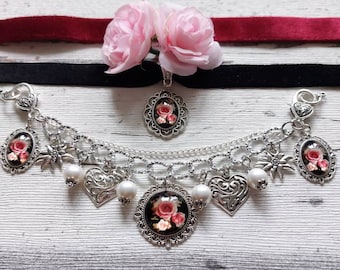 DIRNDL Kette Charivari Rosen und Herz Edelweiß / Halsband Medaillon Rosen Muschelkernperlen/ Kropfband Oktoberfest Trachten Hochzeit