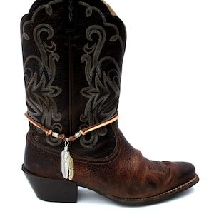 Silver and Gold Feathers in Southwestern Style Leather Boot Jewelry, Elegant Boot Bracelet, Leather & Feathers in Brown Lacing Boot Anklet