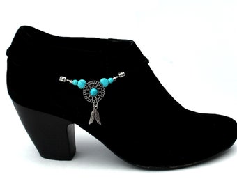 Southwestern Dreamcatcher Style Boot Bracelet with Silver Feathers, Montana Dreams with Black Leather