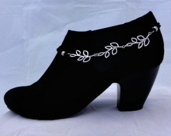 Boot accessories chains, Silver and black leather lacings, Boot bracelet, Trailing Leaves