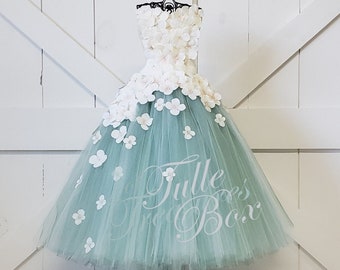 Ivory & Sage Strapless flower girl dress to match your wedding colors and bridal bouquet/pageant/hydrangea tulle/prom