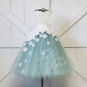 Ivory & Sage Strapless flower girl dress to match your wedding colors and bridal bouquet/pageant/hydrangea tulle/prom