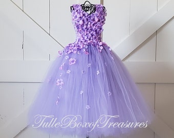 Lavender/Lilac hydrangea tulle dress with Flower Straps to match your wedding colors and bridal bouquet/Unique flower girl/pageant/prom