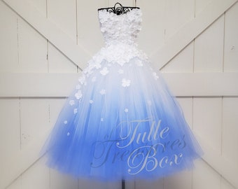 White & Blue Ombre Hydrangea Strapless Tulle Dress to match your wedding colors and bridal bouquet/pageant/hydrangea tulle/prom