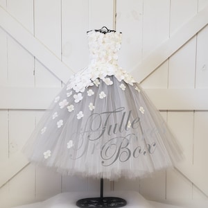 Ivory & Light Charcoal strapless flower girl dress/hydrangea tulle dress/bridesmaid dress/pageant/wedding/prom