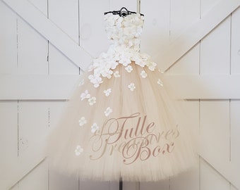 Ivory & Champagne strapless flower girl dress/hydrangea tulle dress/bridesmaid dress/pageant/wedding/prom