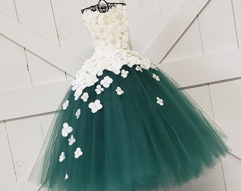 Ivory & Dark Emerald Strapless flower girl dress to match your wedding colors and bridal bouquet/pageant/hydrangea tulle/prom