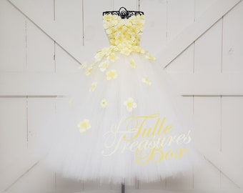 Ivory and Yellow Strapless Petal Dress/Flower Girl Dress/hydrangea flower girl dress/hydrangea dress/wedding/prom