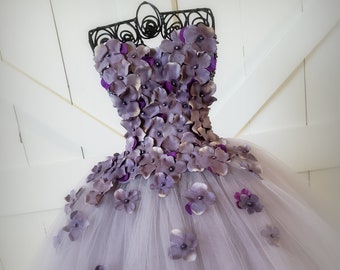 Light Charcoal (with deep Purple accent petals) hydrangea tulle dress, strapless to match your wedding colors bridal bouquet/Unique/prom