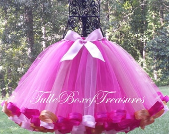 Fuchsia, Gold, & Light Pink Satin Ribbon Trimmed Tutu Skirt