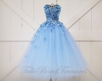 Light Blue/Periwinkle hydrangea tulle dress with Flower Straps/Unique Flower Girl Dress/hydrangea flower girl dress/prom/cornflower