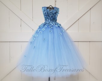Light Blue/Periwinkle hydrangea tulle dress with Ribbon Straps/Unique Flower Girl Dress/hydrangea dress/wedding/prom/pageant/cornflower