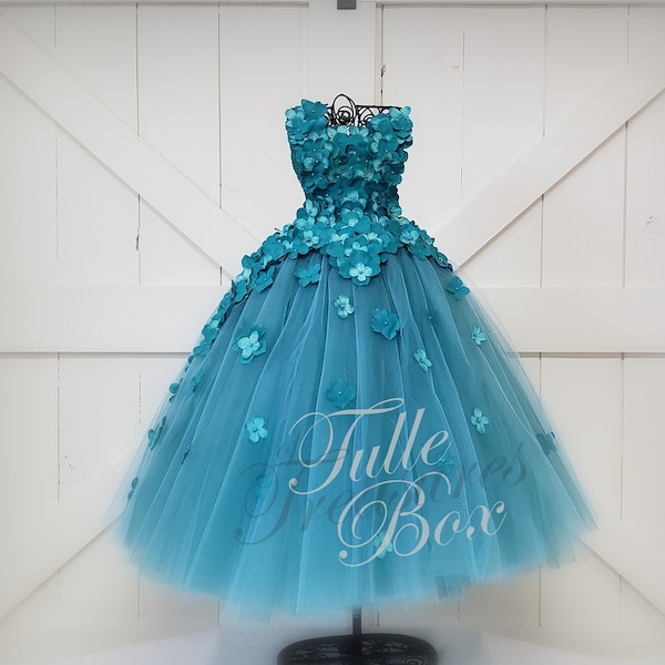 Teal hydrangea tulle dress with One Flower Petal Strap/Unique Flower Girl Dress/wedding/prom/pageant