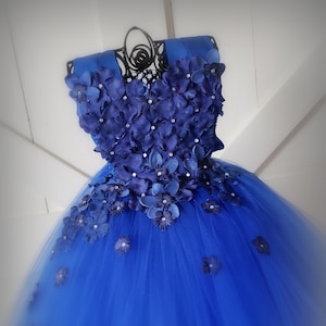 Royal Blue hydrangea tulle dress with Ribbon Straps to match your wedding colors and bridal bouquet/Unique flower girl/pageant/hydrangea