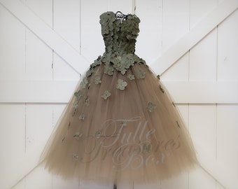 Olive Green hydrangea tulle dress with Flower Petal Straps/Flower Girl Dress/wedding/prom