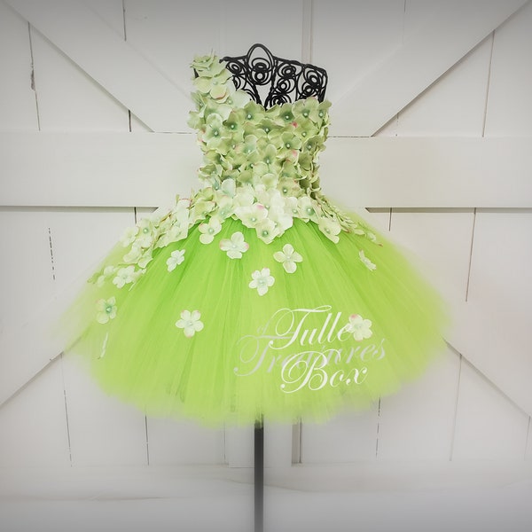 Lime Green hydrangea tulle dress with one Flower Strap to match your wedding colors and bridal bouquet/Unique flower girl dress/pageant/prom