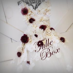 Elegant ivory and deep burgundy strapless flower girl dress to match your wedding colors and bridal bouquet//hydrangea tulle