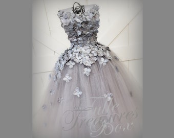 Silver Sparkle hydrangea tulle dress with Wide Ribbon Straps/Flower Girl Dress/wedding/prom