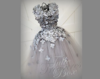 Silver Sparkle hydrangea tulle dress with Flower Petal Straps/Flower Girl Dress/wedding/prom