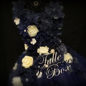 Elegant navy and ivory one flower strap flower girl dress to match your wedding colors and bridal bouquet/pageant/prom/hydrangea tulle
