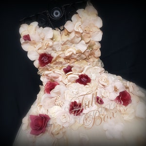 Elegant champagne and deep burgundy strapless flower girl dress to match your wedding colors and bridal bouquet//hydrangea tulle