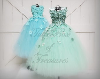 Aqua & Mint hydrangea tulle dresses with Ribbon Straps to match your wedding colors and bridal bouquet/Unique flower girl dress/pageant/prom