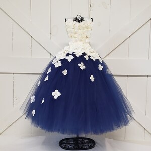 Ivory & Navy flower girl dress with Ribbon Straps/hydrangea tulle dress/bridesmaid dress/pageant/wedding/prom