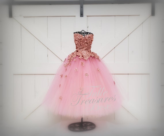 Rose Gold Strapless hydrangea tulle dress/Flower Girl Dress/wedding hydrangea