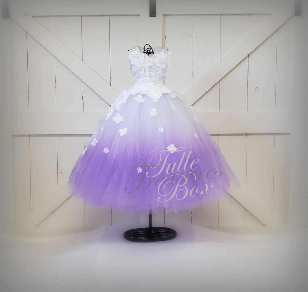 White & Purple Ombre Flower Girl Dress with Ribbon Straps