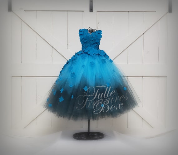 Ombre Turquoise & Black Hydrangea Tulle Dress with One Petal Strap
