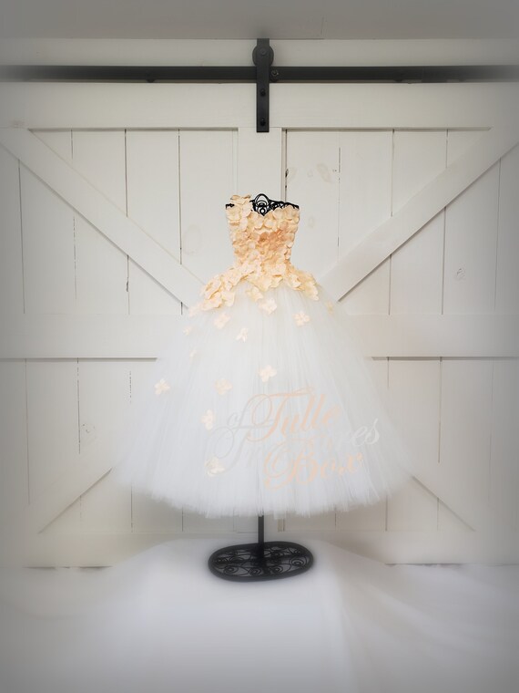 Ivory & Coral Flower Girl Dress: One-Flower Strap Tulle Dress