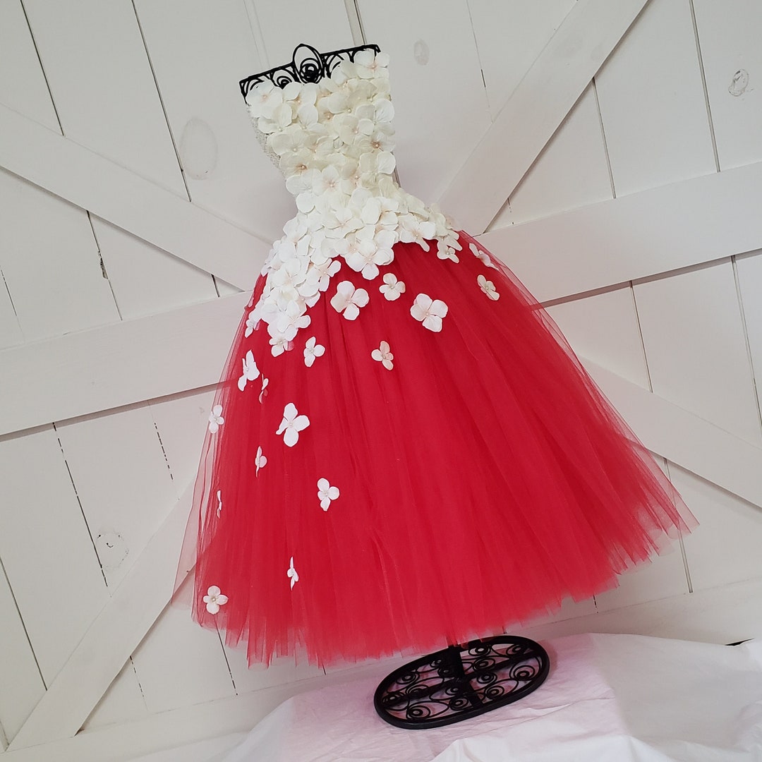 Ivory & Red Strapless Flower Girl Dress