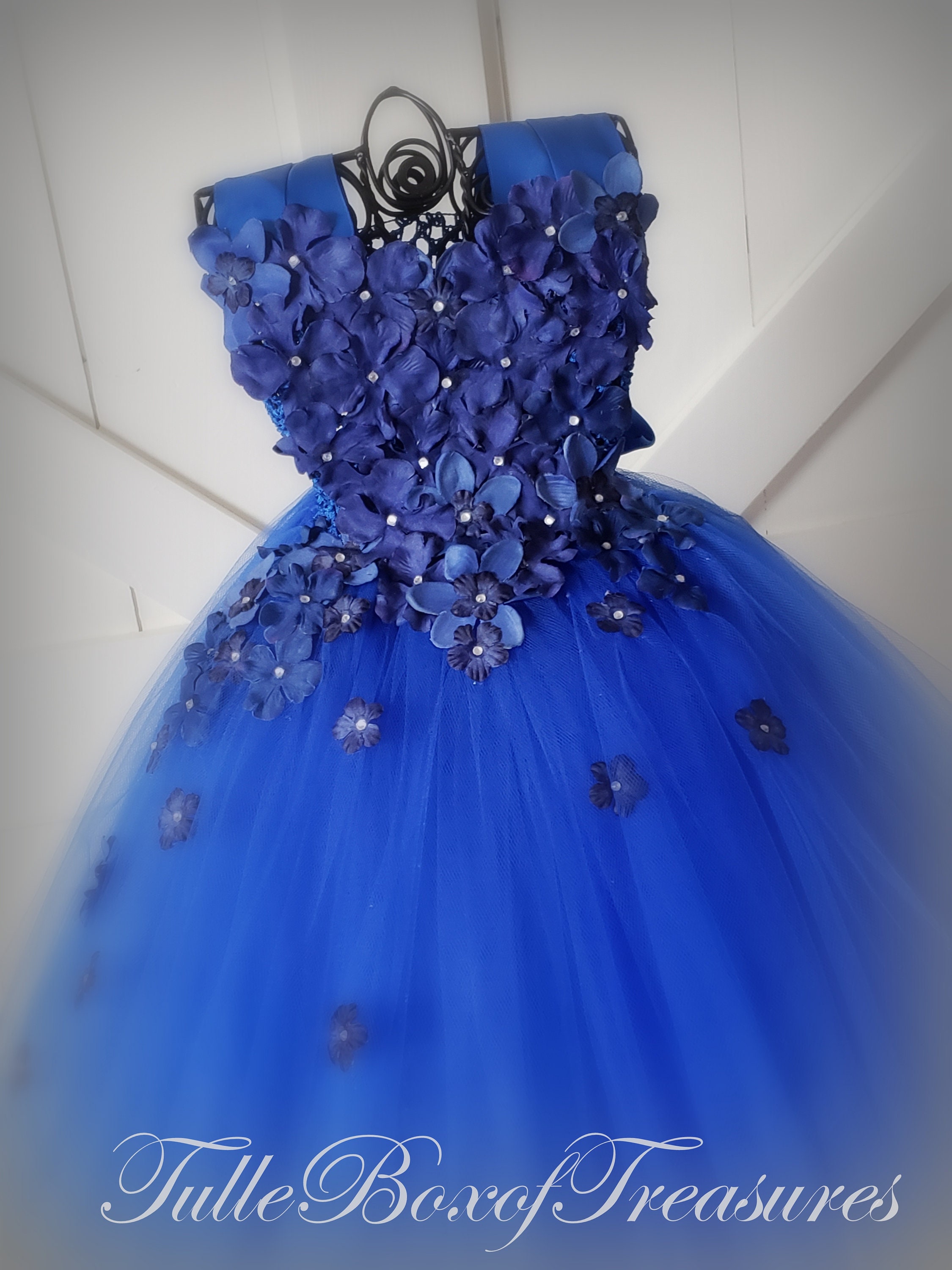 Royal Blue hydrangea tulle dress with Ribbon Straps to match your wedding colors and bridal bouquet/Unique flower girl/pageant/hydrangea