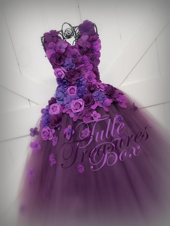 purple hydrangea dress Elegant Plum Flower Girl Dress: Hydrangea Tulle, Petal Straps