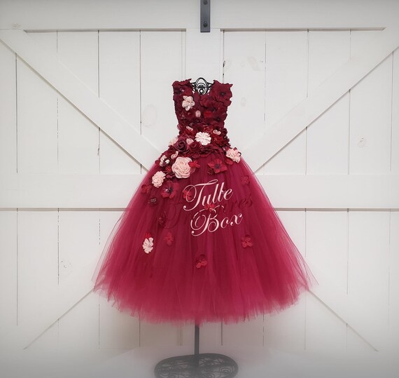 Elegant Burgundy & Rose Flower Girl Dress with Petal Straps Elegant Burgundy & Rose Flower Girl Dress with Petal Straps