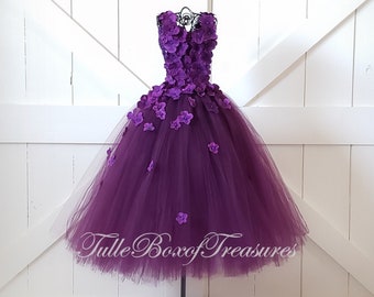 Plum hydrangea tulle dress with Flower Straps/Unique Flower Girl Dress/hydrangea flower girl dress/hydrangea dress/wedding/prom/pageant