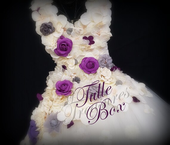 cream dress with purple flowers Elegant Flower Girl Dress: Ivory, Plum & Gray with Floral Straps