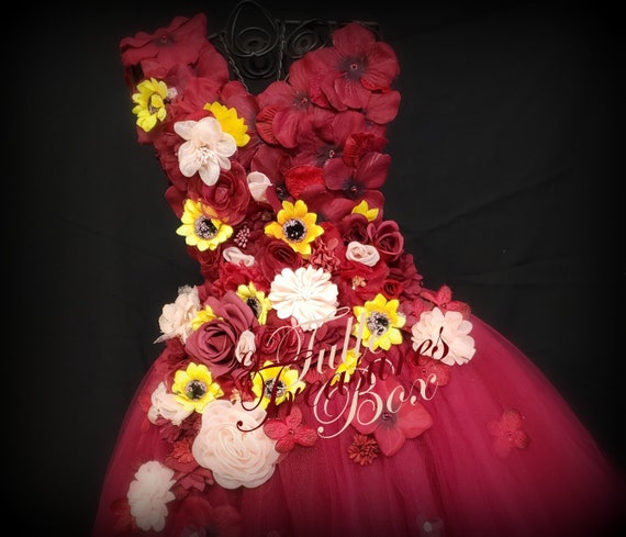 burgundy sunflower dress Elegant Burgundy Flower Girl Dress with Rose & Sunflower: Floral Strap