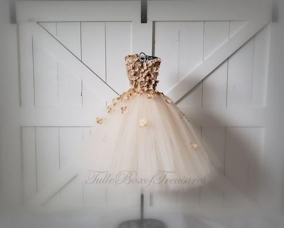 gold champagne flower girl dress with one Flower Strap long beige flower girl dresses