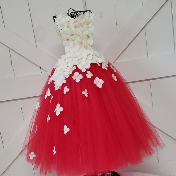 Ivory & Red Flower Girl Dress: Petal Strap Tulle Dress