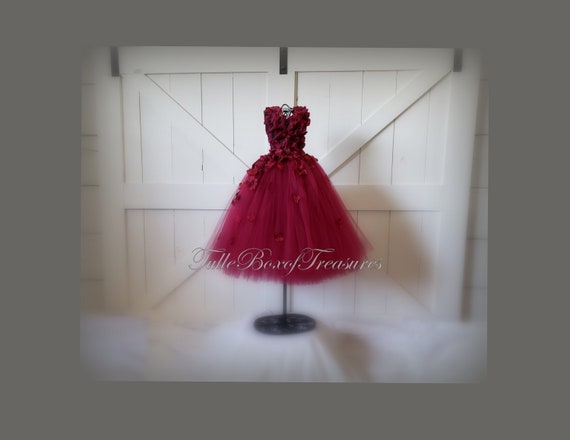 flower petal dress design Deep Burgundy Petal Strap Flower Girl Dress
