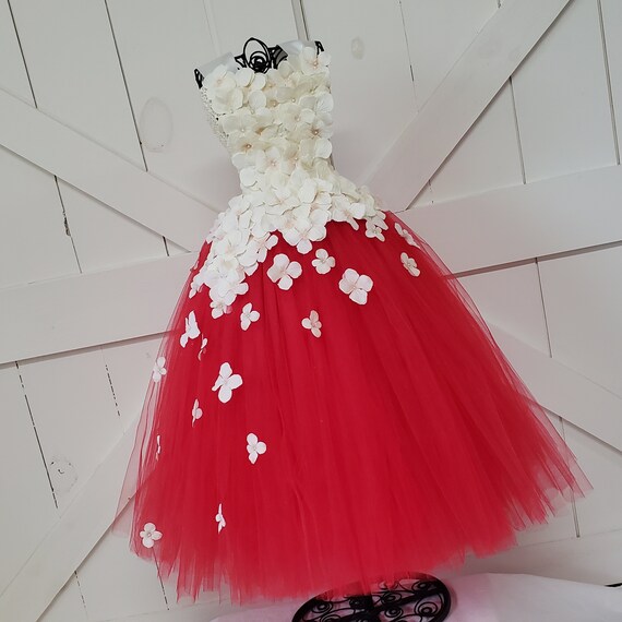 Ivory & Red flower girl dress with Ribbon Straps/hydrangea tulle dress/bridesmaid dress/pageant/wedding/prom
