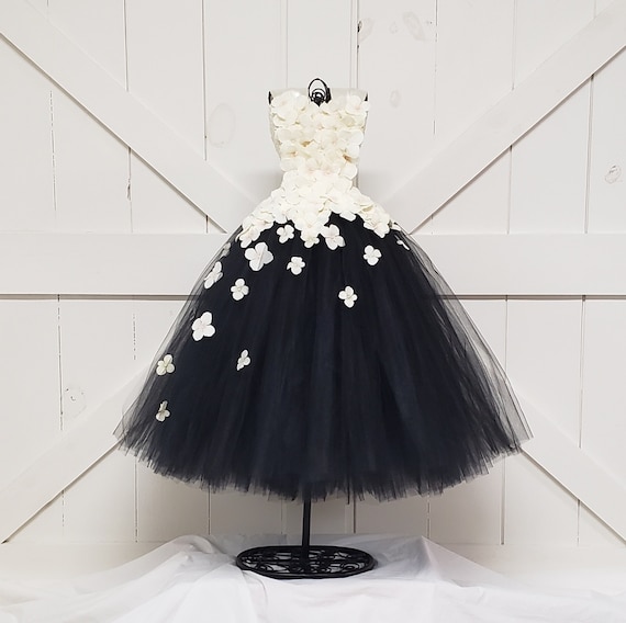 Ivory & Black Flower Girl Dress with Ribbon Straps